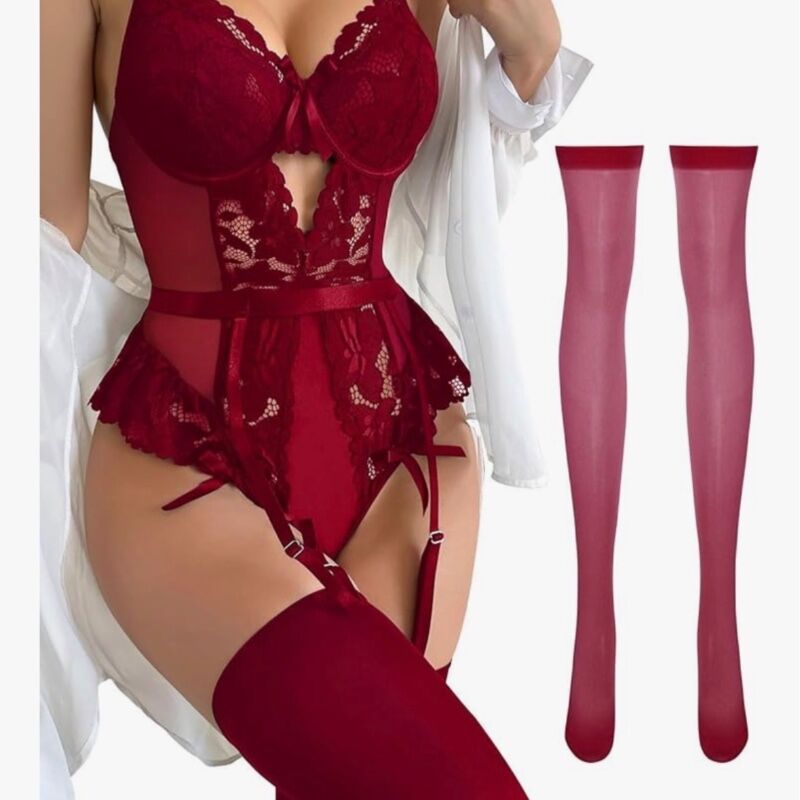 Stocking Lace Mesh Bodysuit Top Underwire Garter Lingerie Set 3 Piece