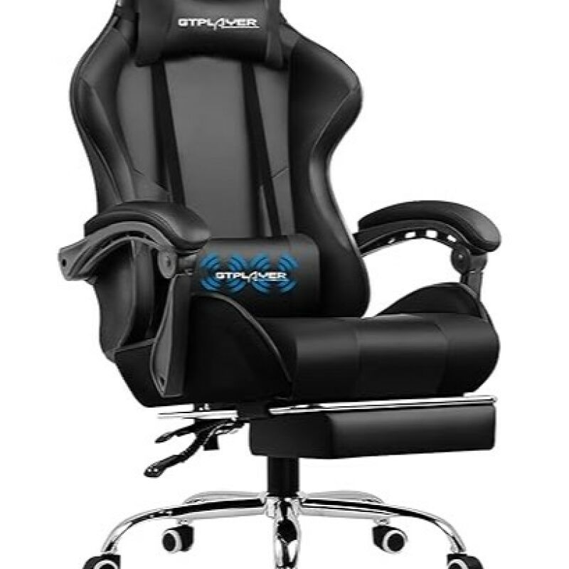 GTPLAYER Gaming Chair, Computer Chair with Footrest and Lumbar Support, Height Adjustable Game Chair with 360°-Swivel Seat and Headrest and for Office or Gaming (Faux Leather, Black)